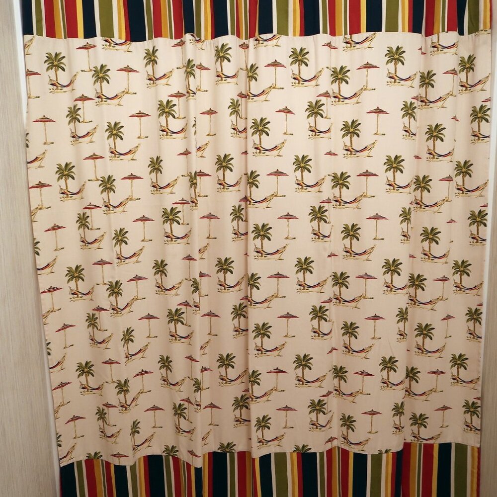 Beach Umbrellas & Palm Trees Striped Border Fabric Shower Curtain